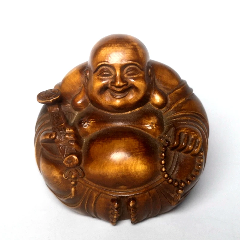 

YIZHU CULTUER ART Old China Boxwood Hand Carved Happy Maitreya Statue Decoration Gift Collection Size 5 CM