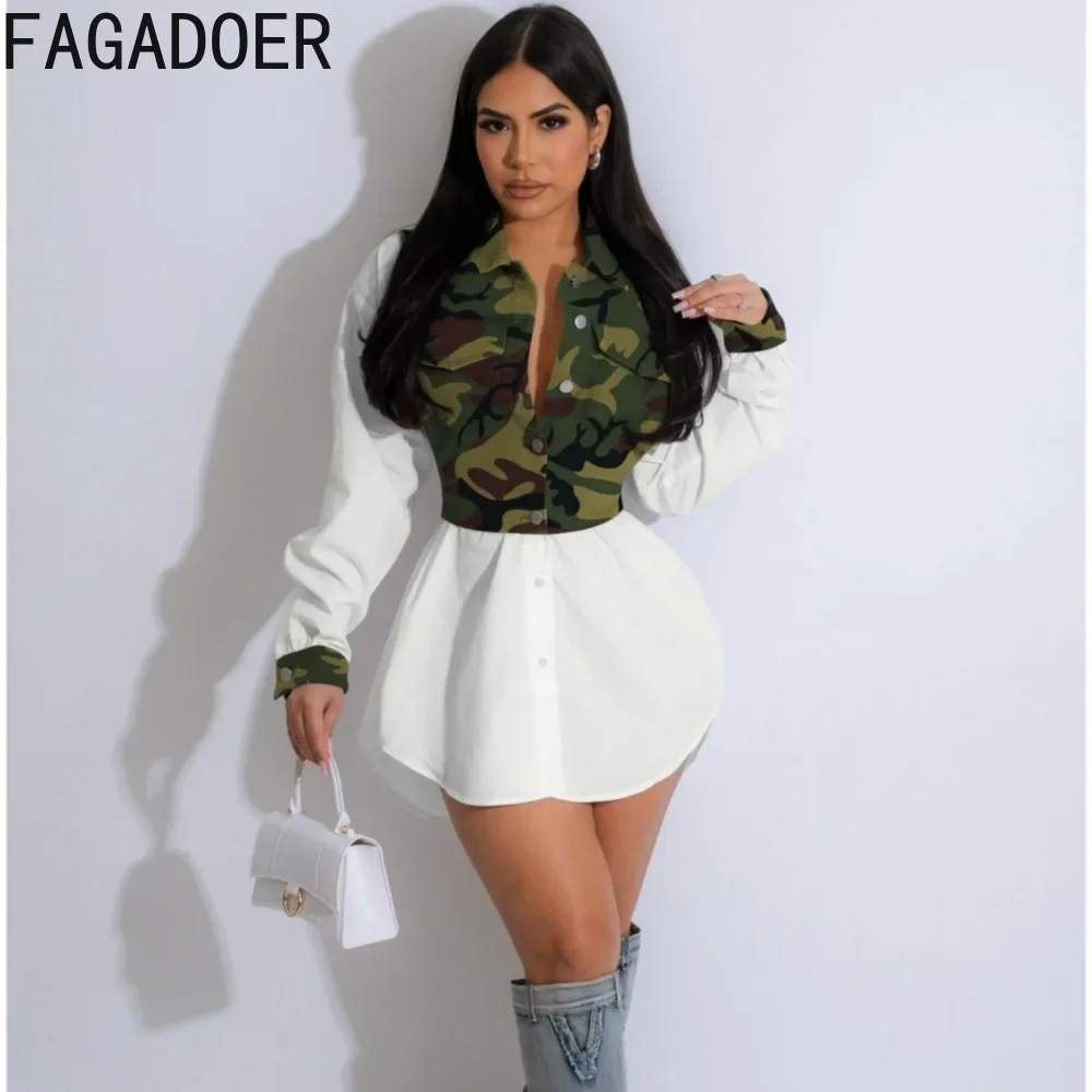 

FAGADOER Fashion Camouflage Printing Patchwork Shirt Dress Women Turndown Collar Long Sleeve Button Straight Mini Vestidos 2023