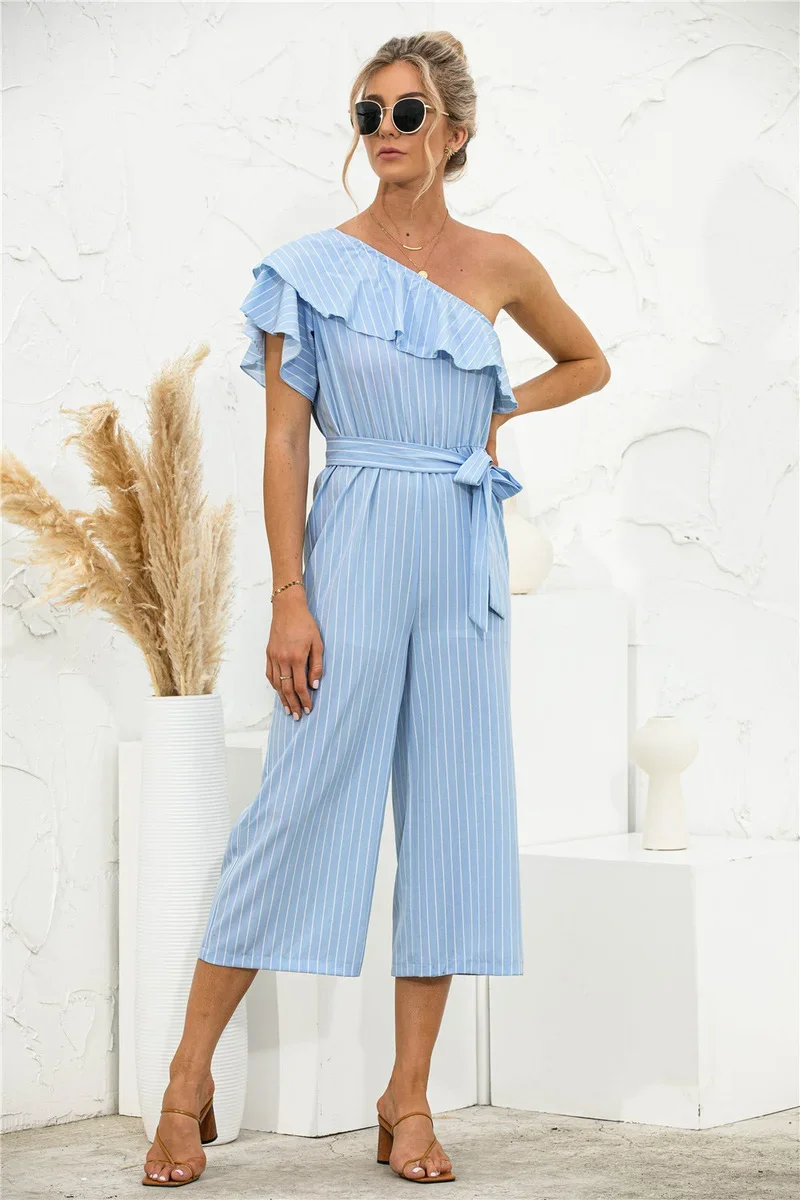 

Summer 2024 Europe and the United States new hot selling slanted shoulder ruffled striped slim jumpsuit women's design sense