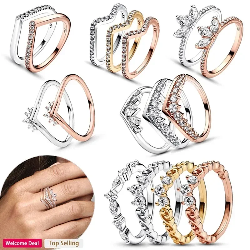 

New Hot Selling 925 Silver Original Women's Tight Set Wishing Bone Shining Crown Wave Ring Fashion DIY Charm Jewelry Gift