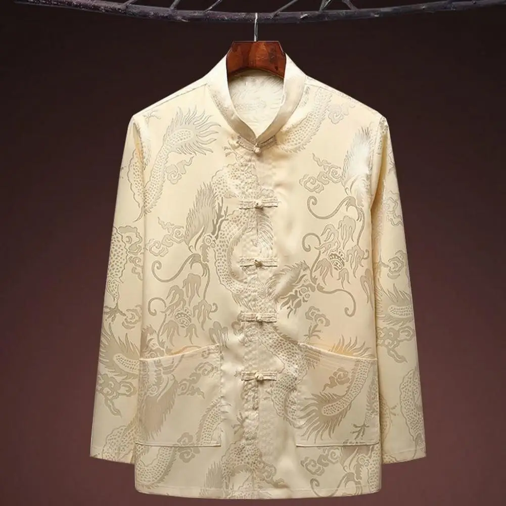 

Рубашка в китайском стиле для мужчин среднего возраста, топ с воротником-стойкой, однобортная, с карманами и принтом дракона, традиционная китайская одежда