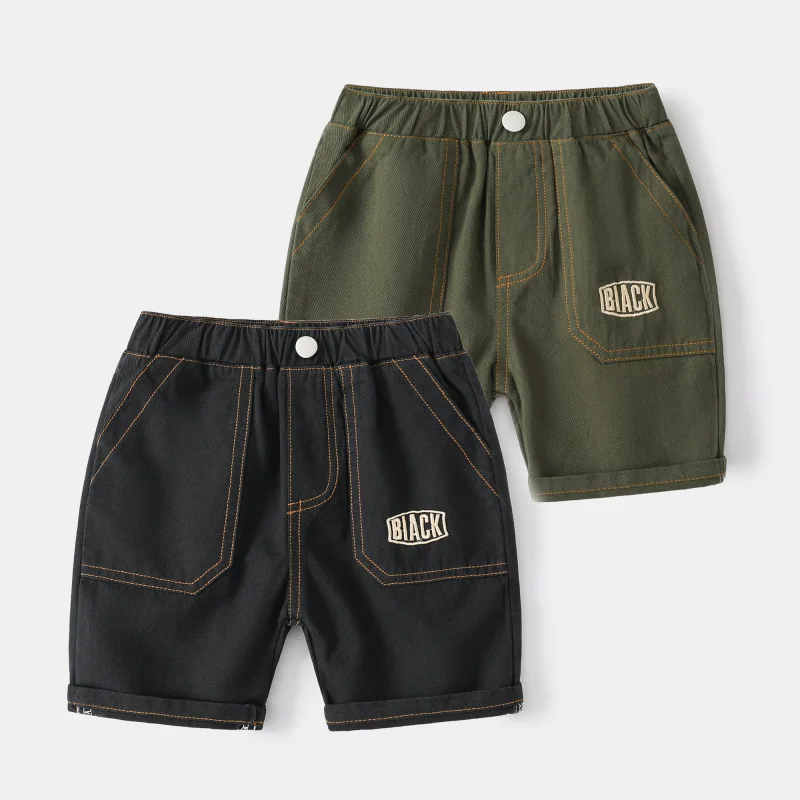 

2024 Summer Boys' Mid-Waist Knee-Length Pants : Kids' Cotton Shorts with Embroidered Letters, Elastic Waist, Ages 3-8, 2 Colors