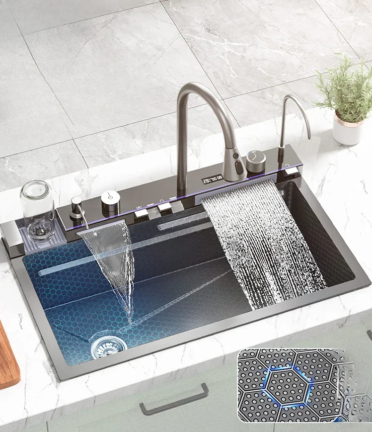 304 stainless steel waterfall digital display atmosphere lamp, kitchen large single sink, left side washing basin
304 stainless steel waterfall digital display atmosphere lamp, kitchen large single sink, left side washing basin