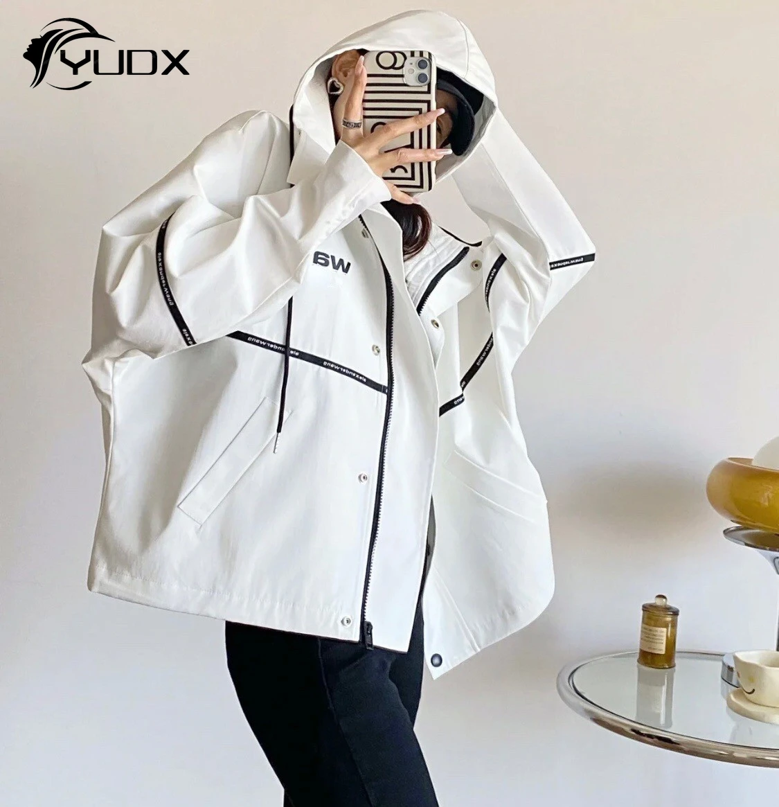 

YUDX 2024 New Spring Women AW Hooded Windbreaker Colorblock Print Letters Interchange Jacket All-match Loose Casual Trench Coat