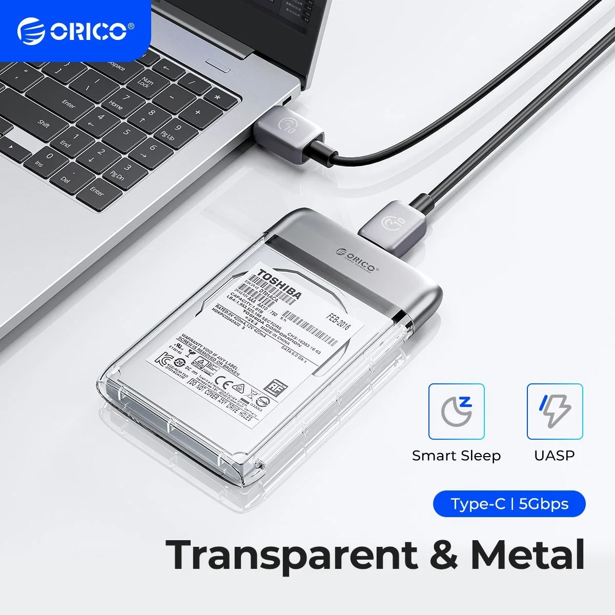 

ORICO 2.5 inch Transparent Type-C Hard Drive Enclosure USB3.0 5Gbps Metal HDD Case Support Auto Sleep for PC Laptop Notebook