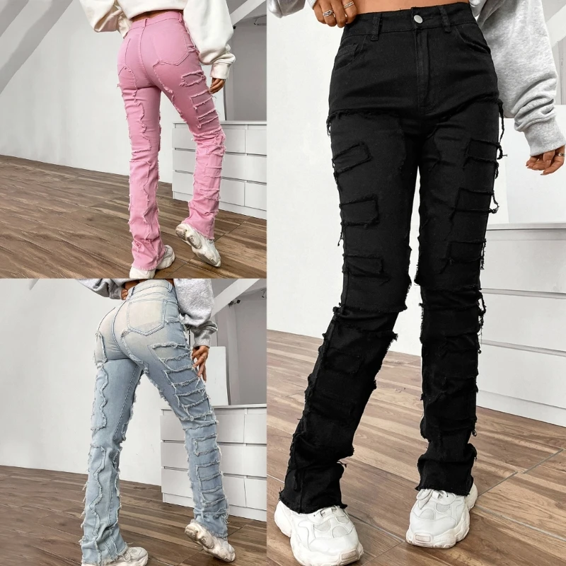 

Q0KE Women's Stacked Patches Jeans Fit Ripped Jeans Destroyed Straight Denims Pants Harajuku Hiphop Trouser Streetwear