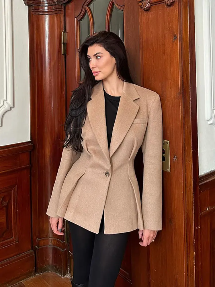 

Fashion Lapel Single Button Short Jacket For Women Elegant Long Sleeve Pleated Cropped Coat 2024 Female Chic Casual Overcoat