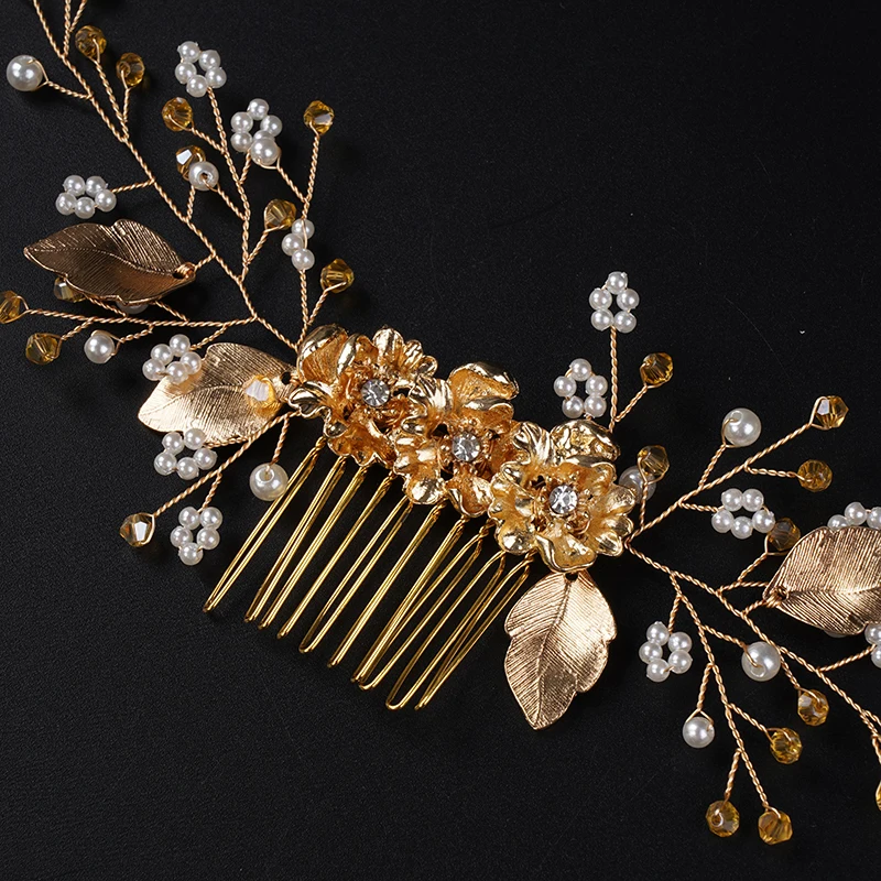 Gold Crystal Rhinestone Flower Leaf Wedding Hair Comb Headband Handmade Pearl Bridal Headdress Party Hair Accessories Headpieces 12 S118a7cfeab5d4244951fa189dbecaf77K