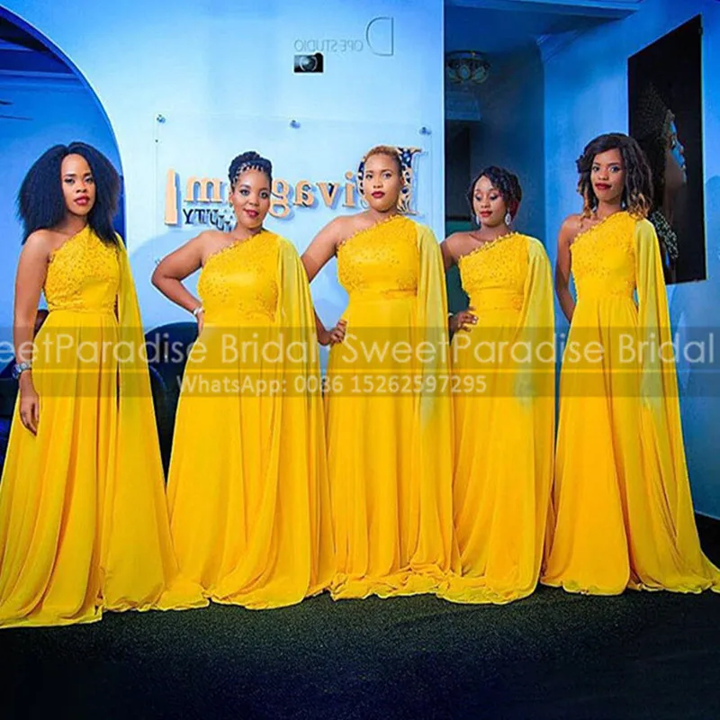 Hevay Beads A Line Bridesmaid Dresses Gold Yellow Chiffon Cape One Shoulder Long Wedding Party Dress Maid Of Honor
Hevay Beads A Line Bridesmaid Dresses Gold Yellow Chiffon Cape One Shoulder Long Wedding Party Dress Maid Of Honor
