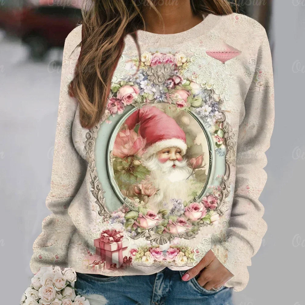 

Merry Christmas Long Sleeve T-Shirts Autumn Cotton Tops Santa Claus Women Fashion Winter Street Pullovers O-Neck Sweatshirts