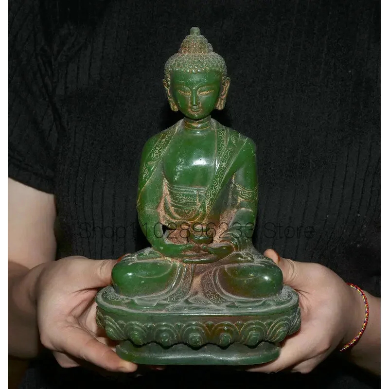 

8.8" Old Natural Green Jade Carved Tibet Shakyamuni Amitabha Buddha Lotus Statue