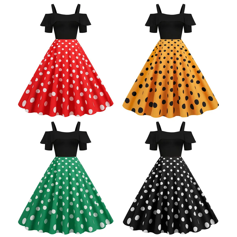 

Women's A-line Rockabilly Ruffled Dress Polka Dots Swing Dress Flare Dress Audrey Hepburn 1950s 60s Retro Vintage Party Dresses