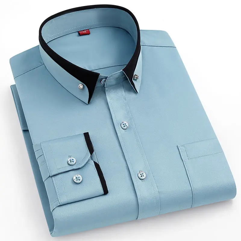 

Men's Elastic Long Sleeve Business Dress Pocket Shirts Fashion Button-Down Social Collar Camisa Social Anti-wrinkle Male Formal