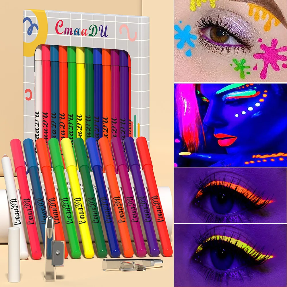 

12pcs Luminous UV Light Neon Eyeliner Pen Set Eyes Makeup Waterproof Yellow Purple Red Matte Eye Liner Pencil Kit Cosmetics DC05