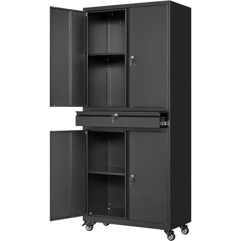 

Steel Garage Storage Cabinet with Adjustable Shelves, Rolling Tool Storage Cabinet with 4 Wheels and 1 Drawer - 73 Inch (Black)