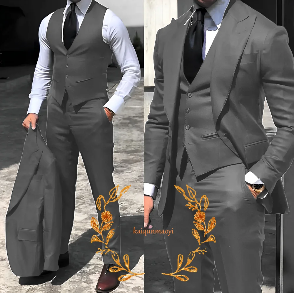 

Серый деловой мужской костюм из трех предметов, пиджак и брюки, жилет, официальная офисная одежда для работы, облегающий элегантный мужской костюм