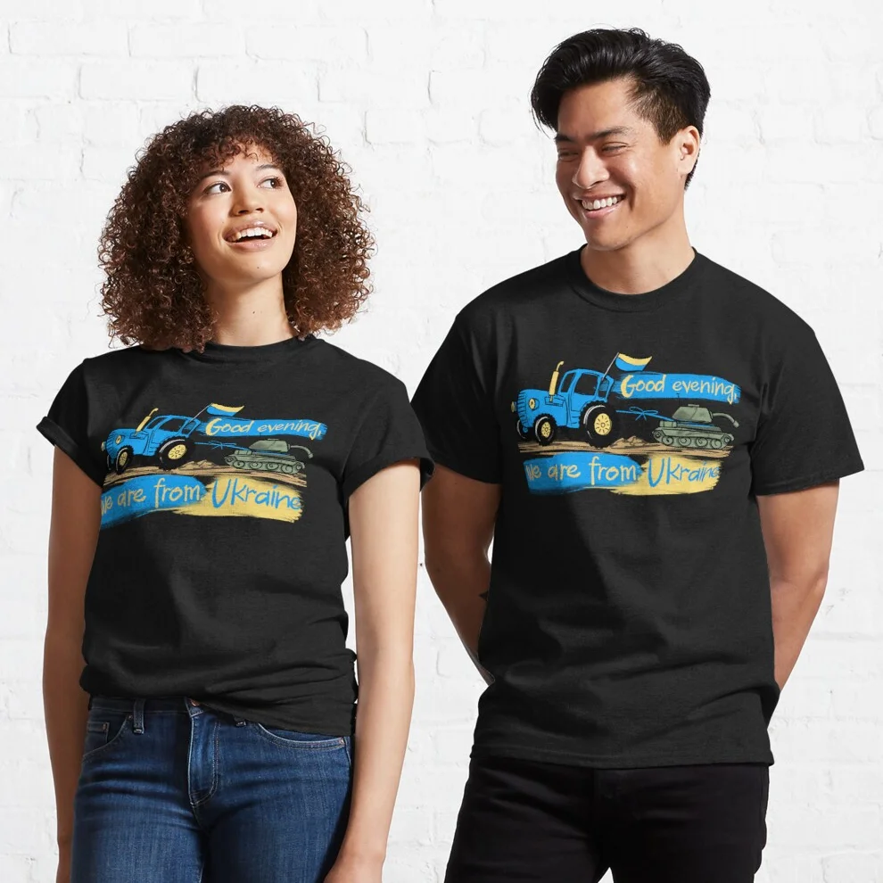 

Good Evening We Are From Ukraine. Tractor Stealing Tank T Shirt. 100% Cotton Short Sleeve O-Neck Casual T-shirts New Size S-3XL