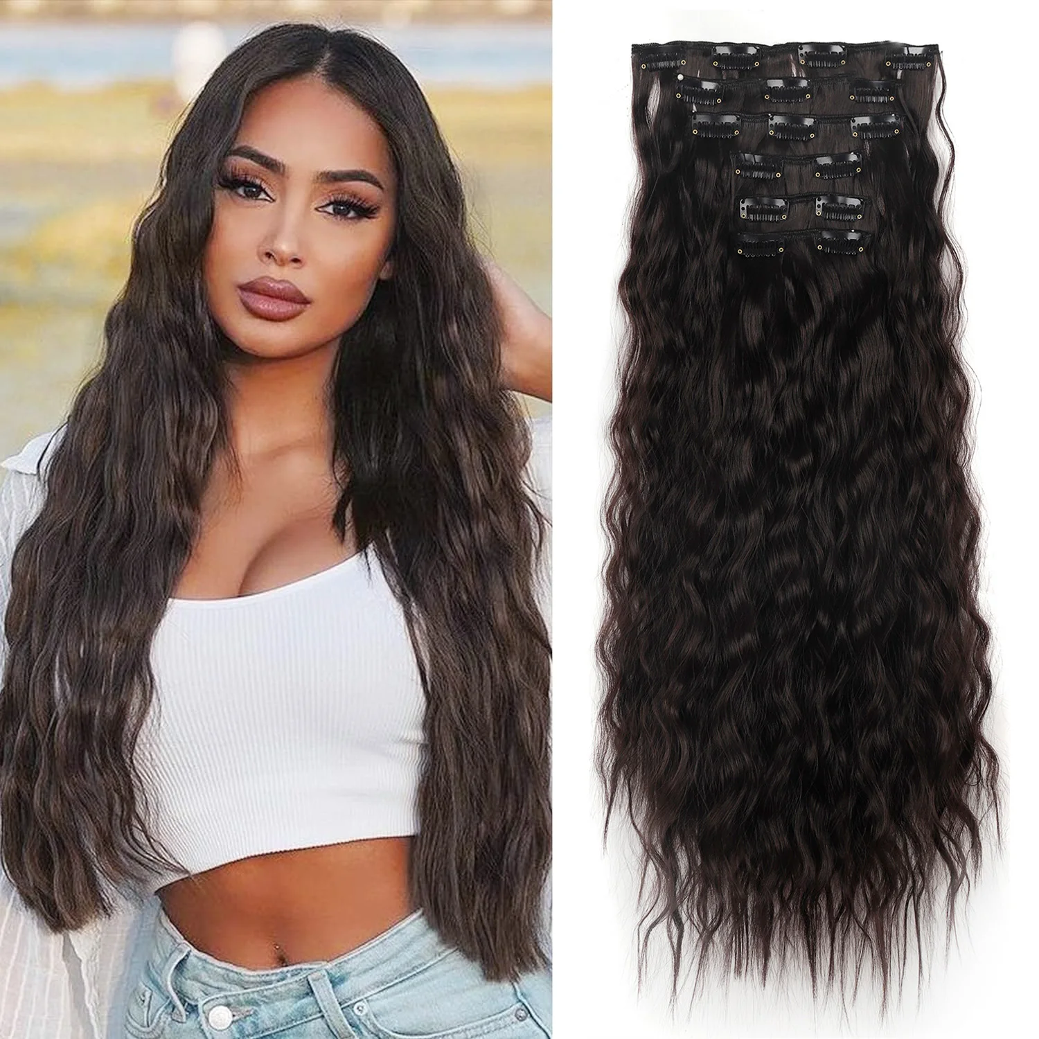 

Clip In Hair Extensions 6PCS Set Curly 20inch Long Synthetic Clip On Hairpiece Natural Black Corn Wavy Style For Women Girls