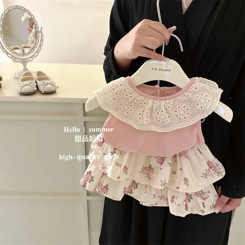 

2024 Girls Sets Summer Kids T-shirt Lace Skirt Short 2Pcs Suit Floral Cotton Children's Clothing Korea Style For 1-6Years