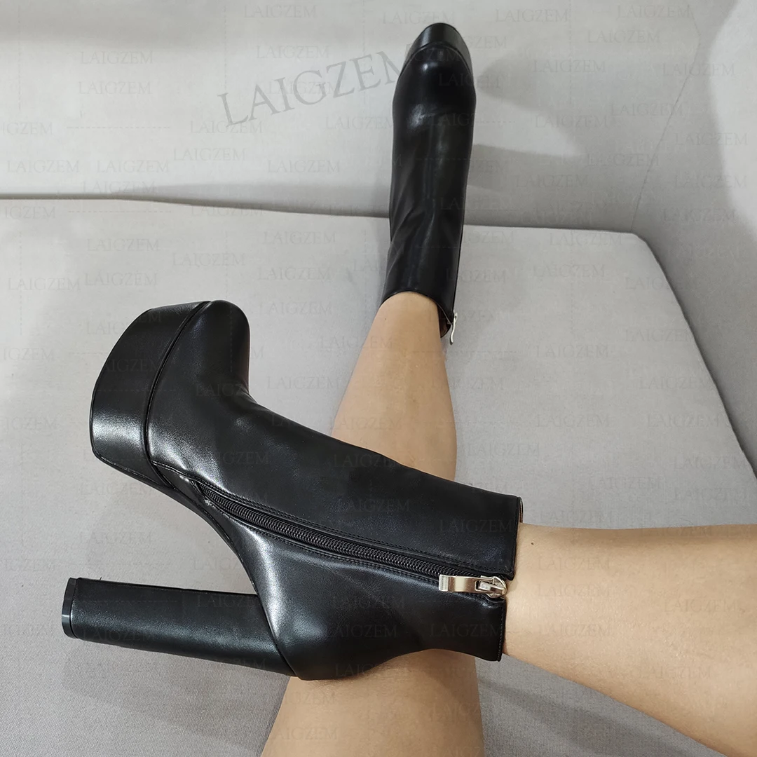 

LAIGZEM Women Ankle Boots Platform Side Zip Thick High Heels Short Booties Black Party Ladies Shoes Woman Big Size 41 44 47 52