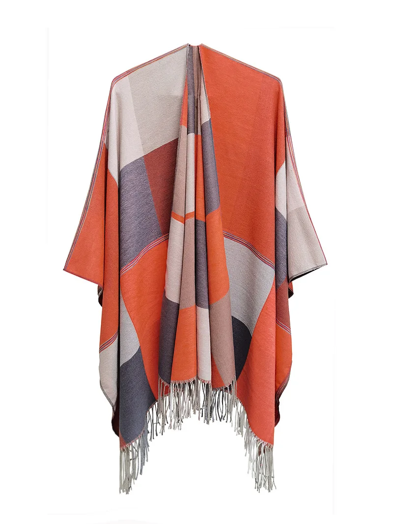 

Imitation Cashmere Women Spring Autumn Double sided Plaid Split Shawl Warm tassels Street Poncho Lady Capes Orange Cloaks