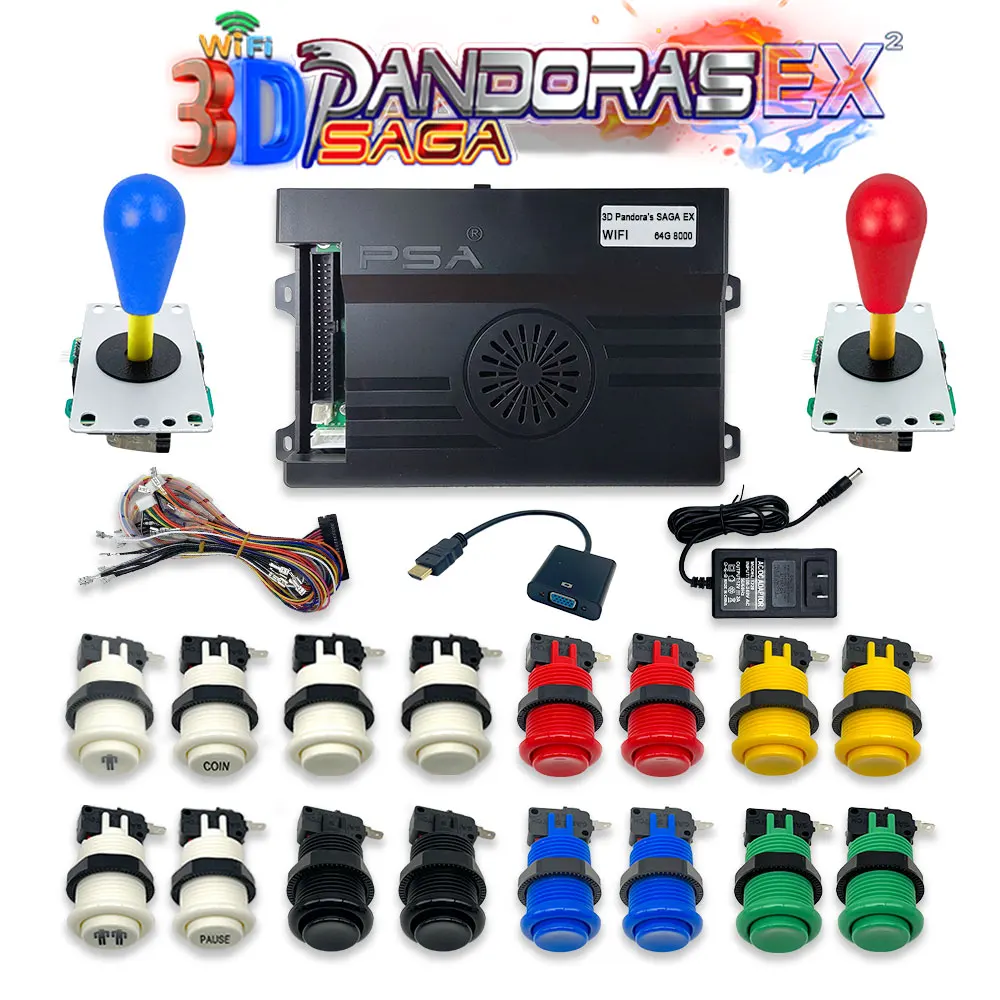 

Pandora Saga-Arcade Game Console Kit, 8 Way Joystick, Happ Type Push Button, 3D, WiFi, EX2 Box, 8000 in 1, DIY Kit