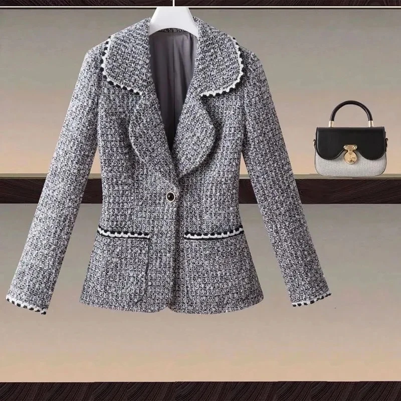 

Fashion 2024 Spring Autumn New Blazers Women Jacket Color Matching Tweed Suit Collar Long Sleeve One Buckle Small Fragrance Coat