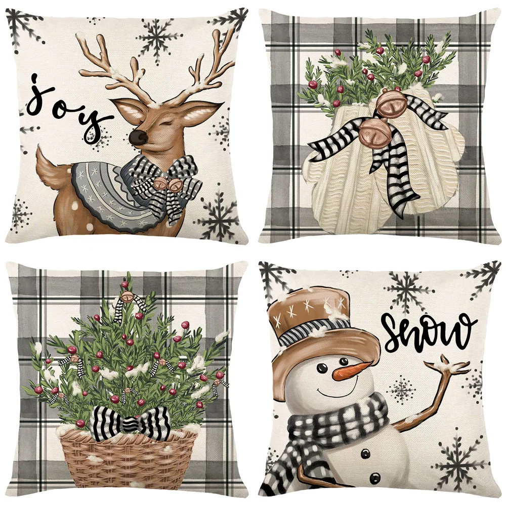 

Christmas Cushion Covers Snowman Reindeer Eucalyptus Throw Pillow Cover Winter Decorative Pillowcases for Sofa Couch Living Room