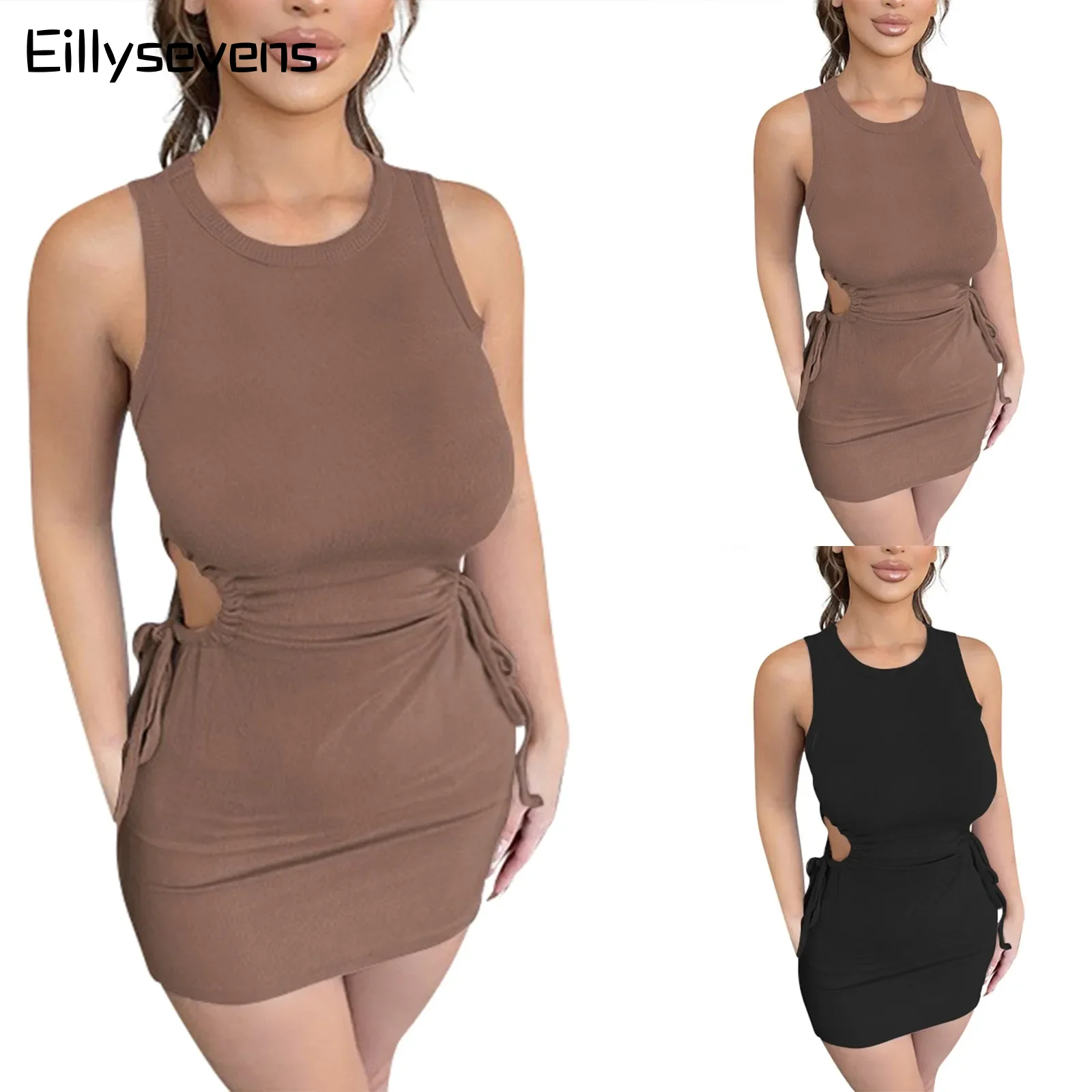

Ladies Sexy Tight Dress Casual Fashion Solid Hip Covering Hollow Waist Dress Daily Date Elegant Comfy Drawstring Waist Dress