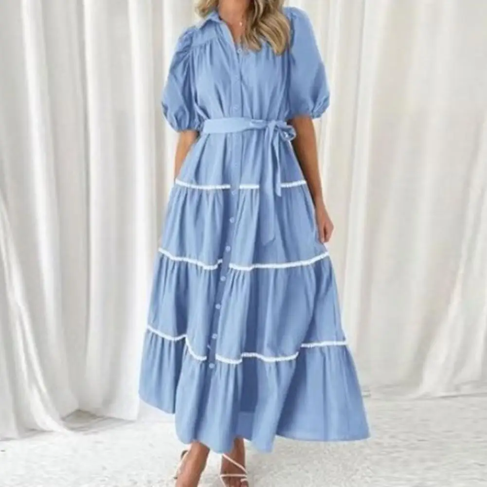 

Puff Sleeve Maxi Dress Elegant Women's Summer Maxi Dress with Puffy Sleeves Tiered Ruffles Single Breasted Belt for A Flowy
