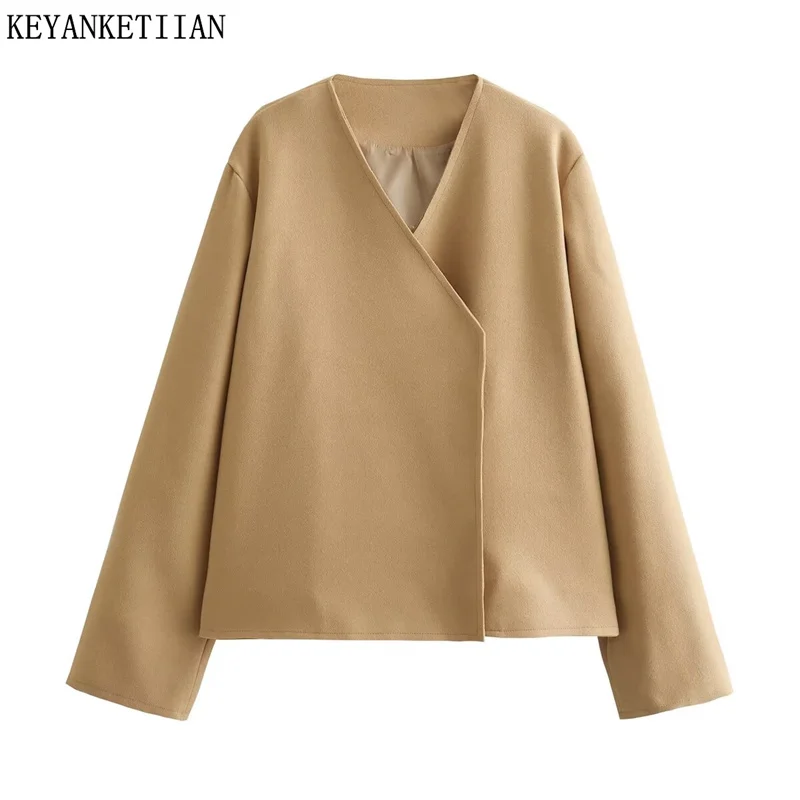 

KEYANKETIAN, новинка 2024, женское Короткое шерстяное пальто, Весенняя стильная шикарная Асимметричная свободная укороченная верхняя одежда цвета хаки на кнопках