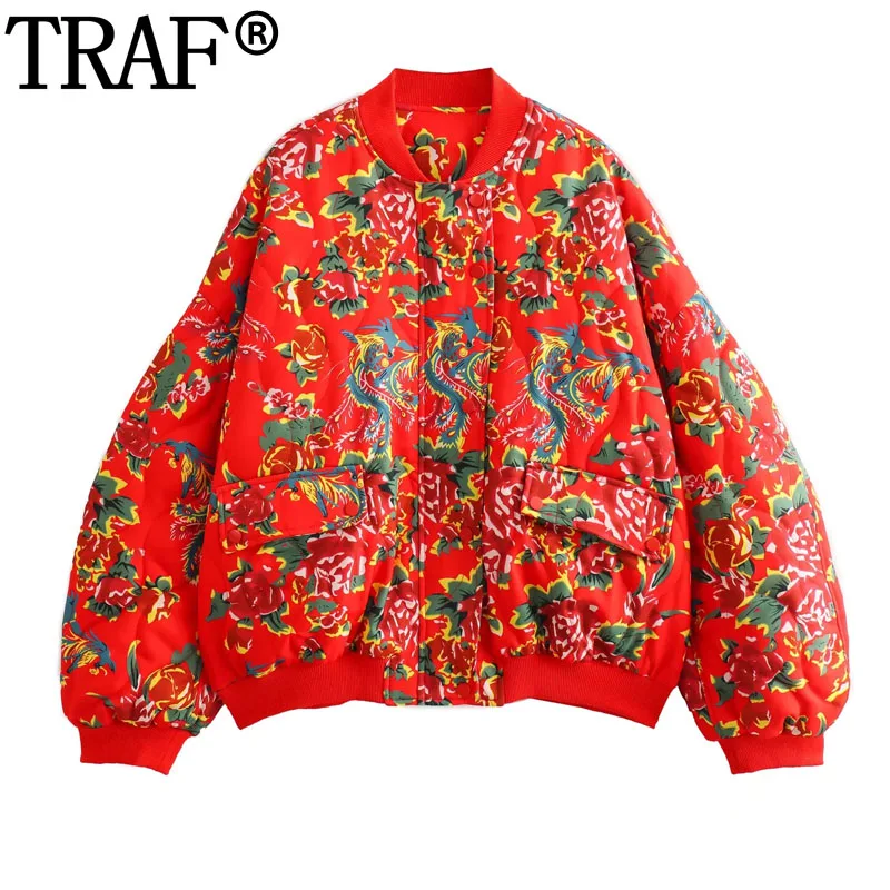 

TRAF Parkas Print Floral Padded Jacket Women Autumn Winter Bomber Woman Quilted Jacket Long Sleeve Warm Oversize New In Coats