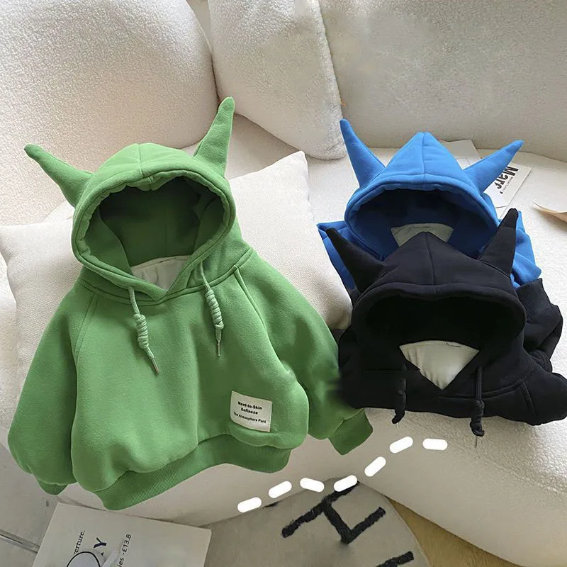 

Solid Loose Drawstring Hoodie Children's Winter Thickened Warm Long Sleeve Unisex Ox Horn Design Pullover Plush Lining Tops