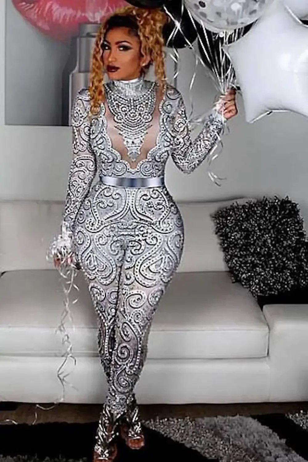 

New High Quality Shiny Rhinestone Pearl Grey Long Sleeve Beading DJ Party Bodycon Jumpsuit Nightclub Party Sexy Dancer Costumes