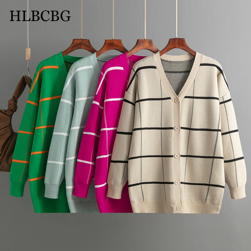 

HLBCBG Autumn Winter Women Grid Cardigan Sweater Fashion Knitted Outwear Coat V Neck Open Cardigans Casual Female Sweater Top