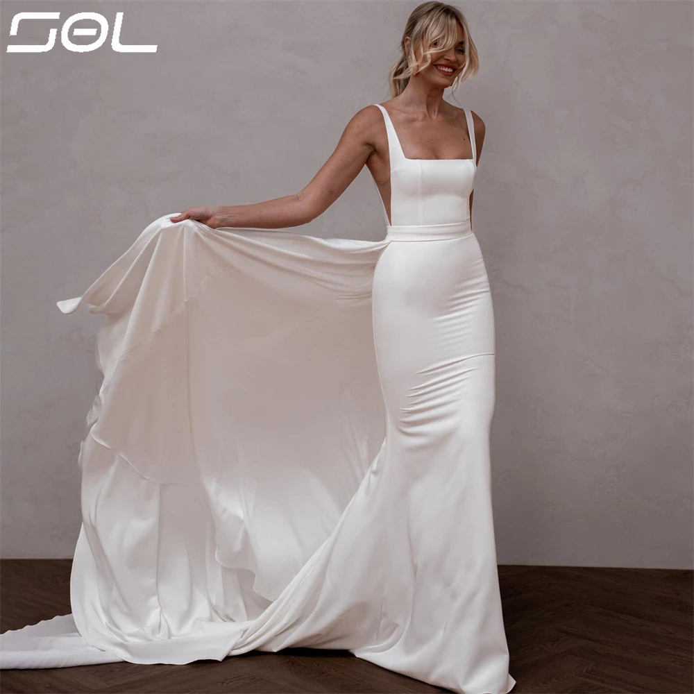 

SOL Sexy Detachable Long Train Square Collar Wedding Dresses Elegant Backless Satin Mermaid Bridal Gowns Vestidos De Novia