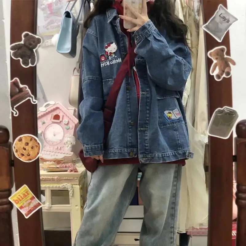 Y2K Cute Hello Kitty Denim Tops Vintage Denim Coat Sanrio Cartoon Embroidered Long Sleeved Jean Jacket Women Cardigan Coat
Y2K Cute Hello Kitty Denim Tops Vintage Denim Coat Sanrio Cartoon Embroidered Long Sleeved Jean Jacket Women Cardigan Coat