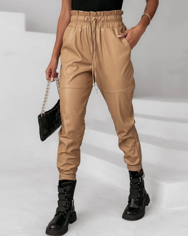 

Women's Cropped Pants 2023 Fashion Street Trend High Waisted Pants Plain Pu Leather Drawstring Pocket Design Cuffed Pants