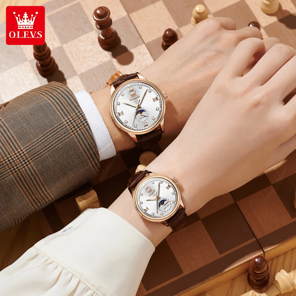 OLEVS-Montre-bracelet mécanique automatique étanche pour couple, montres pour amoureux, phase de lune, marque supérieure, mode, 7039 4