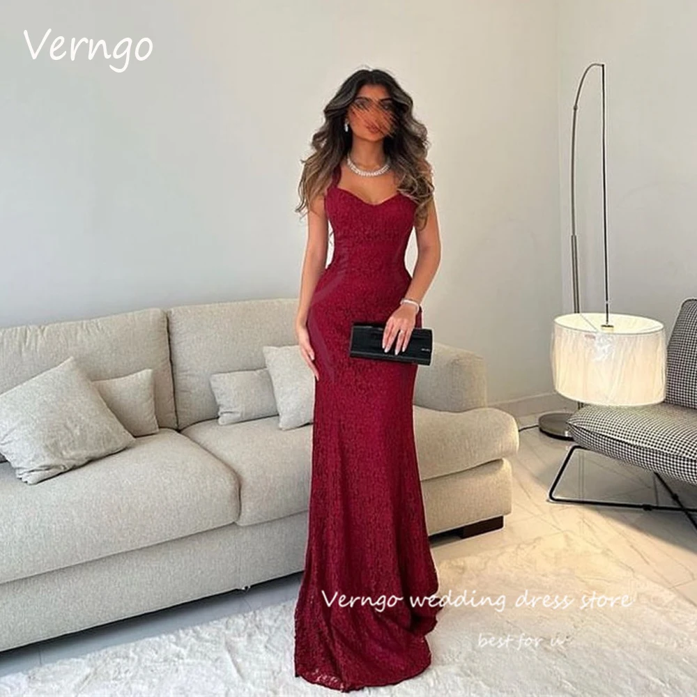 

Verngo Burgundy Full Lace Dark Red Mermaid Evening Dresses Dubai Arabic Women Celebrity Dress Prom Gowns Occasion Party Dress