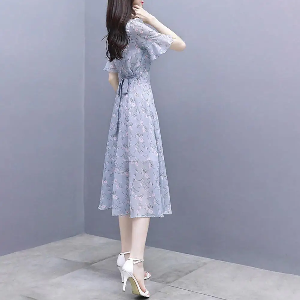 

Women Long Dress Floral Print Ruffle A-line Midi Dress with Lace Up Belt Short Sleeves for Women Summer Fashion with Loose Hem