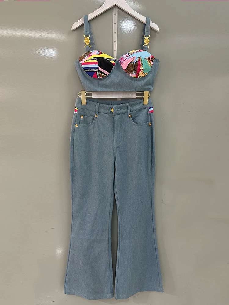 Vintage contrast color off-shoulder sling two-piece women's 2023 new + high waist wide leg denim flare pants fashion suit
Vintage contrast color off-shoulder sling two-piece women's 2023 new + high waist wide leg denim flare pants fashion suit
