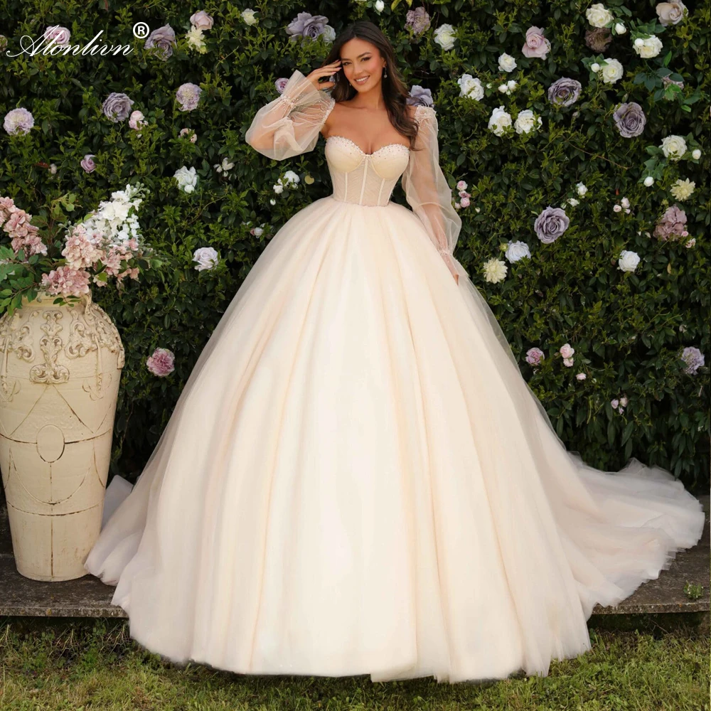 

Alonlivn Elegance Sweetheart Ball Gown Wedding Dresses Beading Pearls Off Shoulder Sleeves Bridal Skirts