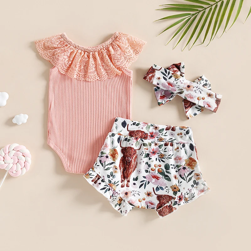 

Infant Baby Girls Western Cow Outfits Ruffle Shorts Set Ribbed Lace Romper Shorts Hairband 3Pcs Summer Clothes Sets