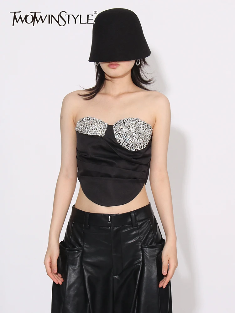 

TWOTWINSTYLE Colorblock Sexy Spliced Diamonds Crop Top For Women Strapless Sleeveless Patchwork Zipper Designer Vests Female New