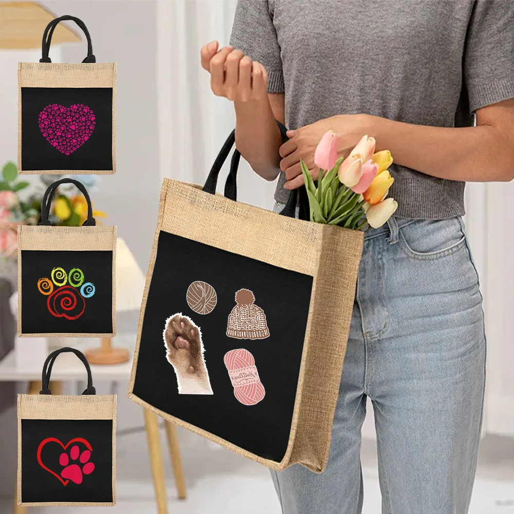 

Многоразовые сумки для покупок, женская льняная Сумка-тоут, женская сумка на одно плечо, сумка-тоут с принтом следов для покупки продуктов