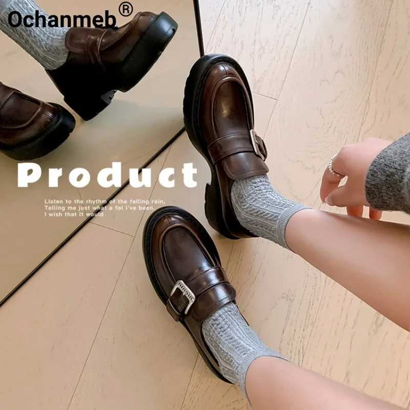 

Ochanmeb Women Real Leather Loafers Brand Metal Buckle Chunky Heel Platform Goth Shoes Round Toe Footwear Woman Spring 2024 Fall