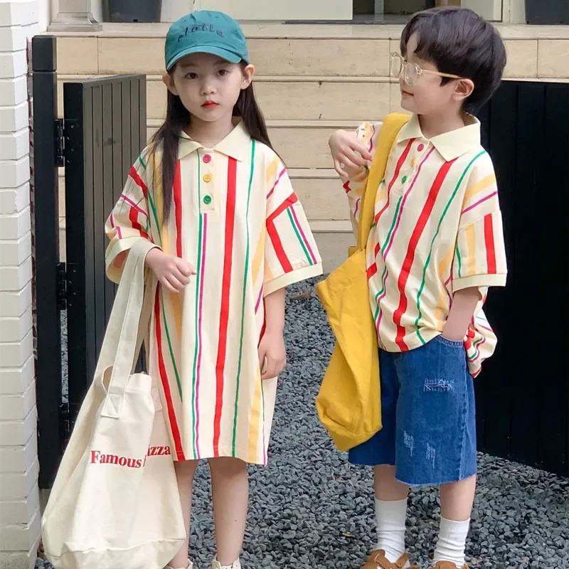 Summer Vertical stripe Siblings clothes Girls lapel short sleeve dress Boys cotton loose short sleeve shirts
Summer Vertical stripe Siblings clothes Girls lapel short sleeve dress Boys cotton loose short sleeve shirts