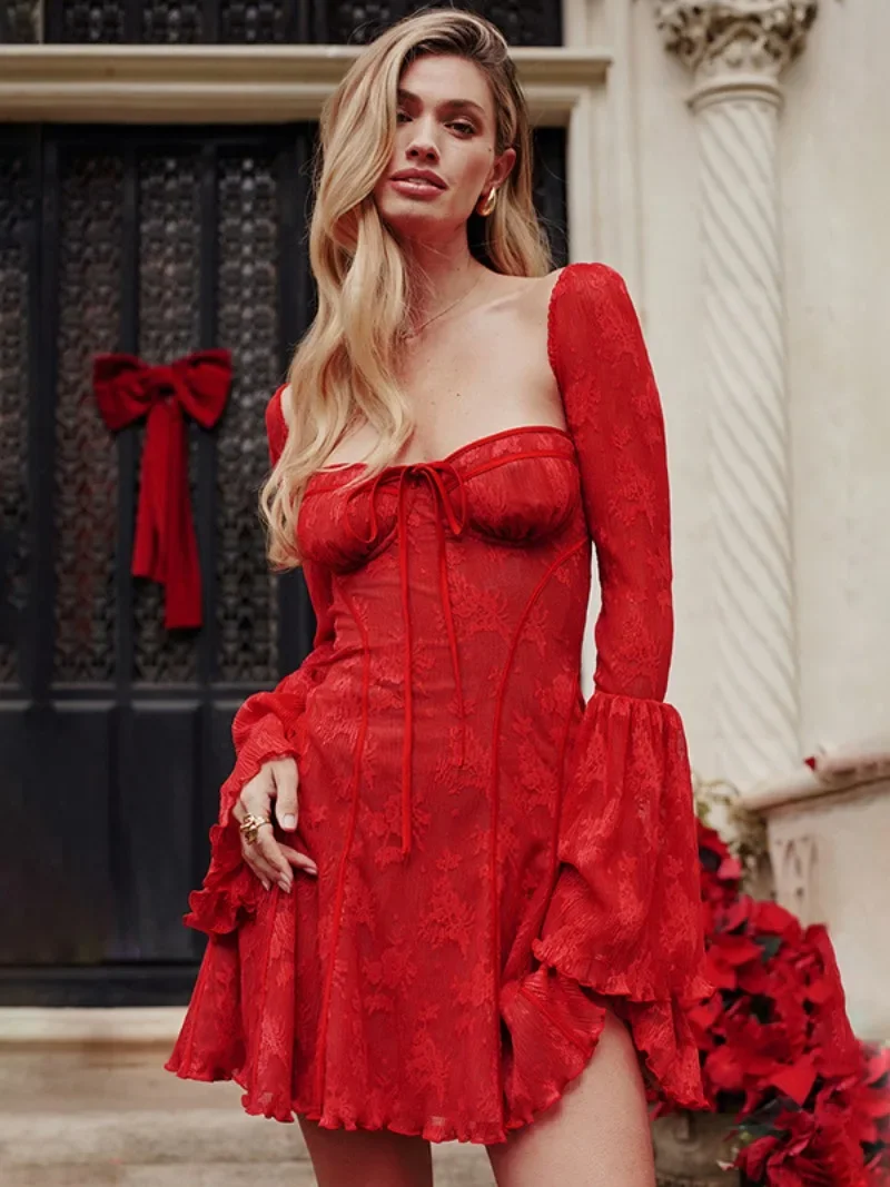 Women Flare Sleeve High Waist A-line Lace Dress Luxury Sexy Square Collar Lace-up Backless Zipper Wedding Party Red Dresses 2024
Women Flare Sleeve High Waist A-line Lace Dress Luxury Sexy Square Collar Lace-up Backless Zipper Wedding Party Red Dresses 2024