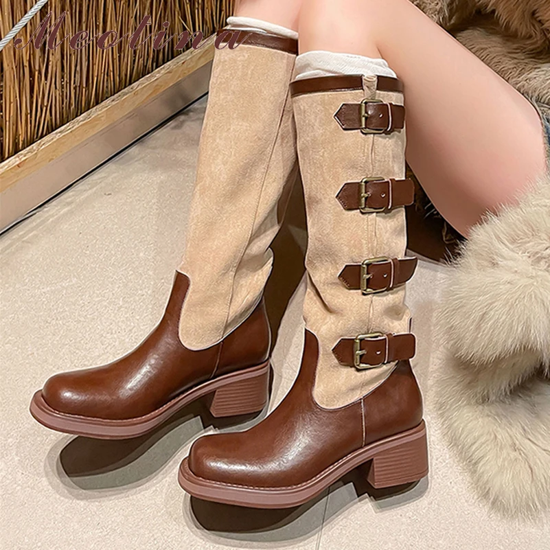 Женские сапоги до колена с круглым носком Meotina, высокие сапоги из натуральной кожи на платформе и толстом среднем каблуке, с пряжкой, Осень-зима, 40
Женские сапоги до колена с круглым носком Meotina, высокие сапоги из натуральной кожи на платформе и толстом среднем каблуке, с пряжкой, Осень-зима, 40